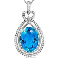 Premium Oval Teardrop Blue Topaz Pendant with Diamond Frame 14KT White Gold