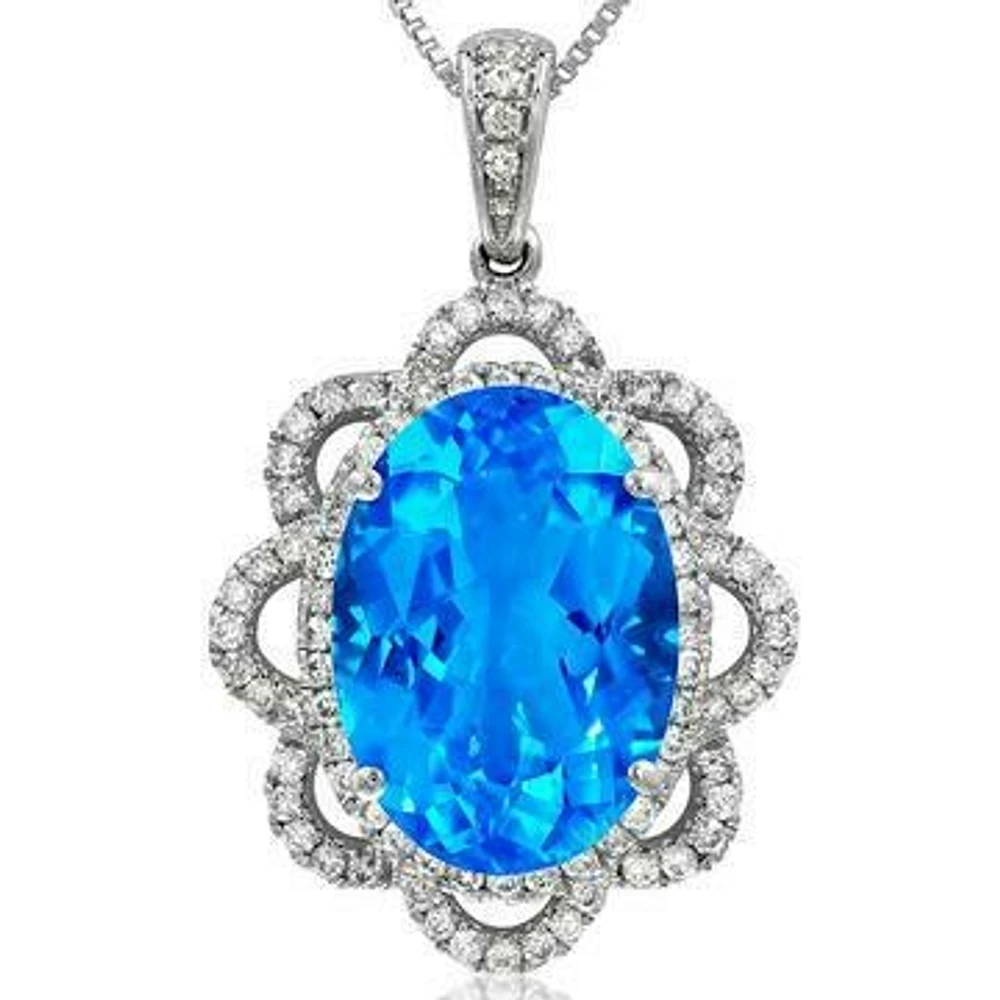 Premium Oval Floral Blue Topaz Pendant with Diamond Frame 14KT White Gold