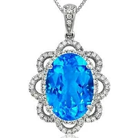 Premium Oval Floral Blue Topaz Pendant with Diamond Frame 14KT White Gold