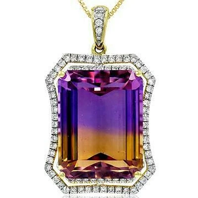 Premium Emerald Cut Ametrine Rose Pendant with Diamond Frame 14KT Gold