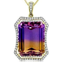 Premium Emerald Cut Ametrine Rose Pendant with Diamond Frame 14KT Gold