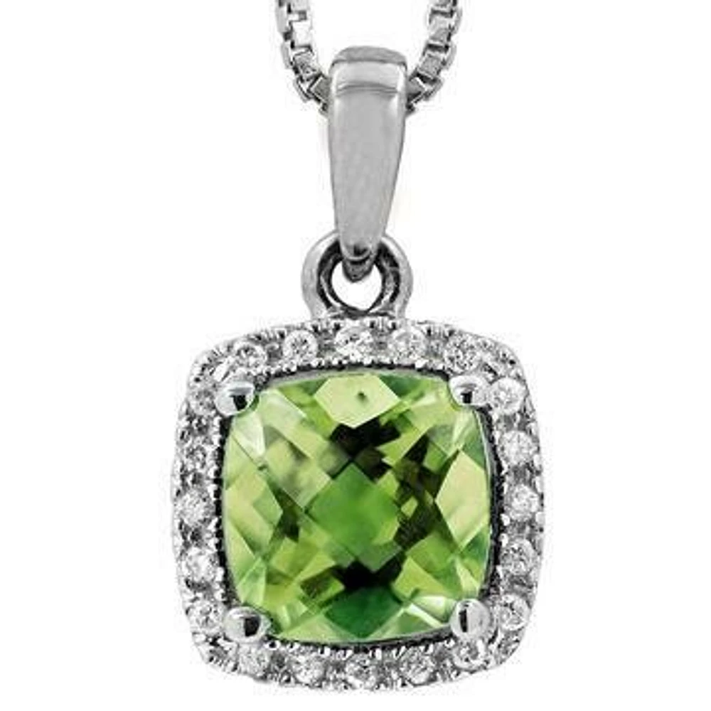 Cushion Peridot Pendant with Diamond Halo 14KT Gold