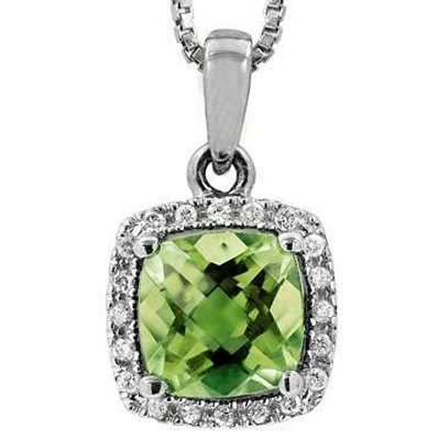 Cushion Peridot Pendant with Diamond Halo 14KT Gold