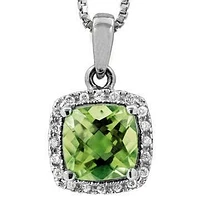 Cushion Peridot Pendant with Diamond Halo 14KT Gold