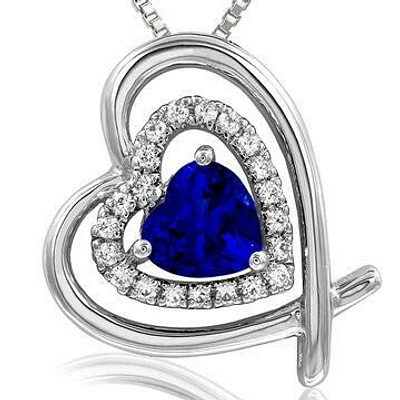 Tilted Double Heart Color Blue Sapphire Pendant with Diamond Accent 14KT White Gold