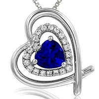 Tilted Double Heart Color Blue Sapphire Pendant with Diamond Accent 14KT White Gold