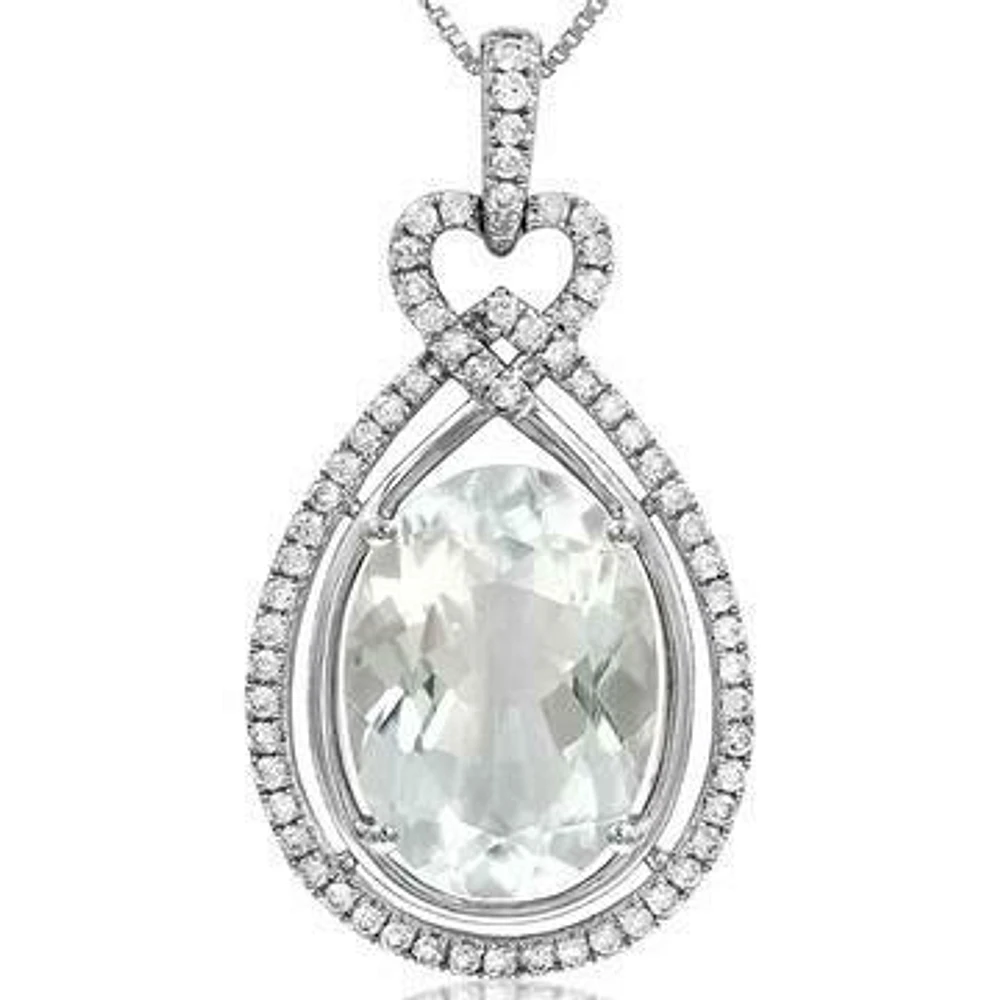 Premium Oval Teardrop White Corundum Pendant with Diamond Frame 14KT White Gold