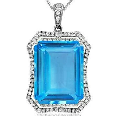 Premium Emerald Cut Blue Topaz Pendant with Diamond Frame 14KT White Gold