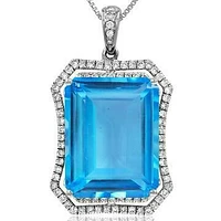 Premium Emerald Cut Blue Topaz Pendant with Diamond Frame 14KT White Gold