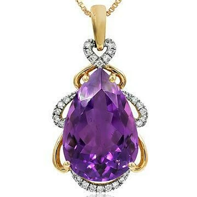 Premium Pear Amethyst Pendant with Diamond Accent 14LT Gold