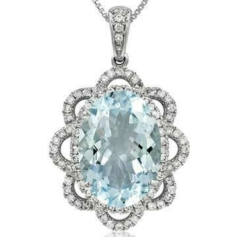 Premium Oval Floral Aquamarine Pendant with Diamond Frame 14KT White Gold