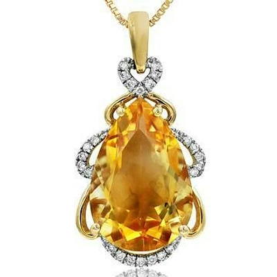 Premium Pear Citrine Pendant with Diamond Accent 14KT Gold