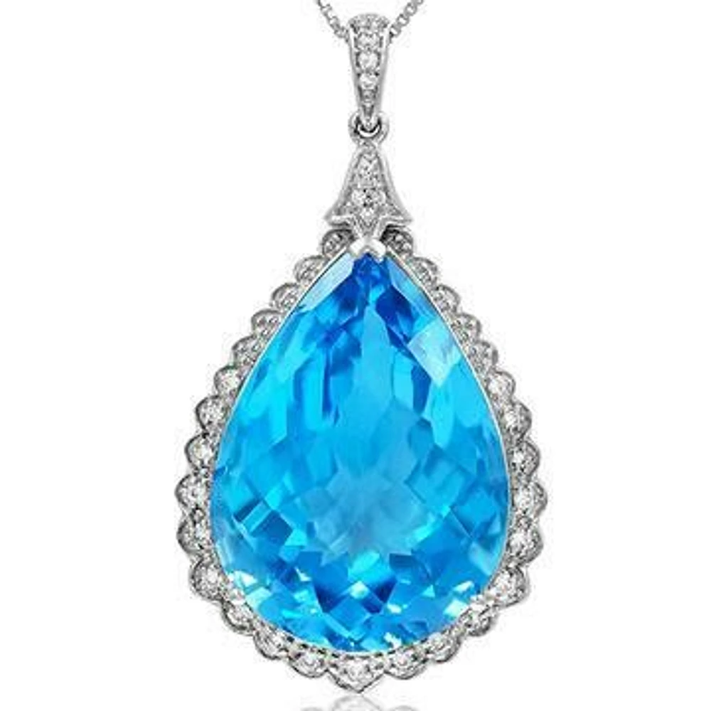 Premium Blue Topaz Teardrop Pendant with Diamond Frame 14KT White Gold