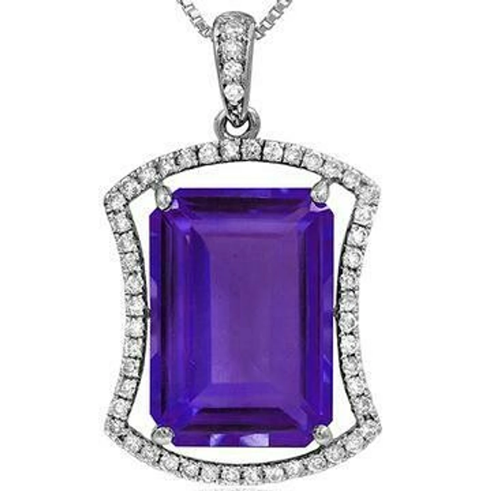 Premium Emerald Cut Amethyst Pendant with Diamond Frame 14KT White Gold