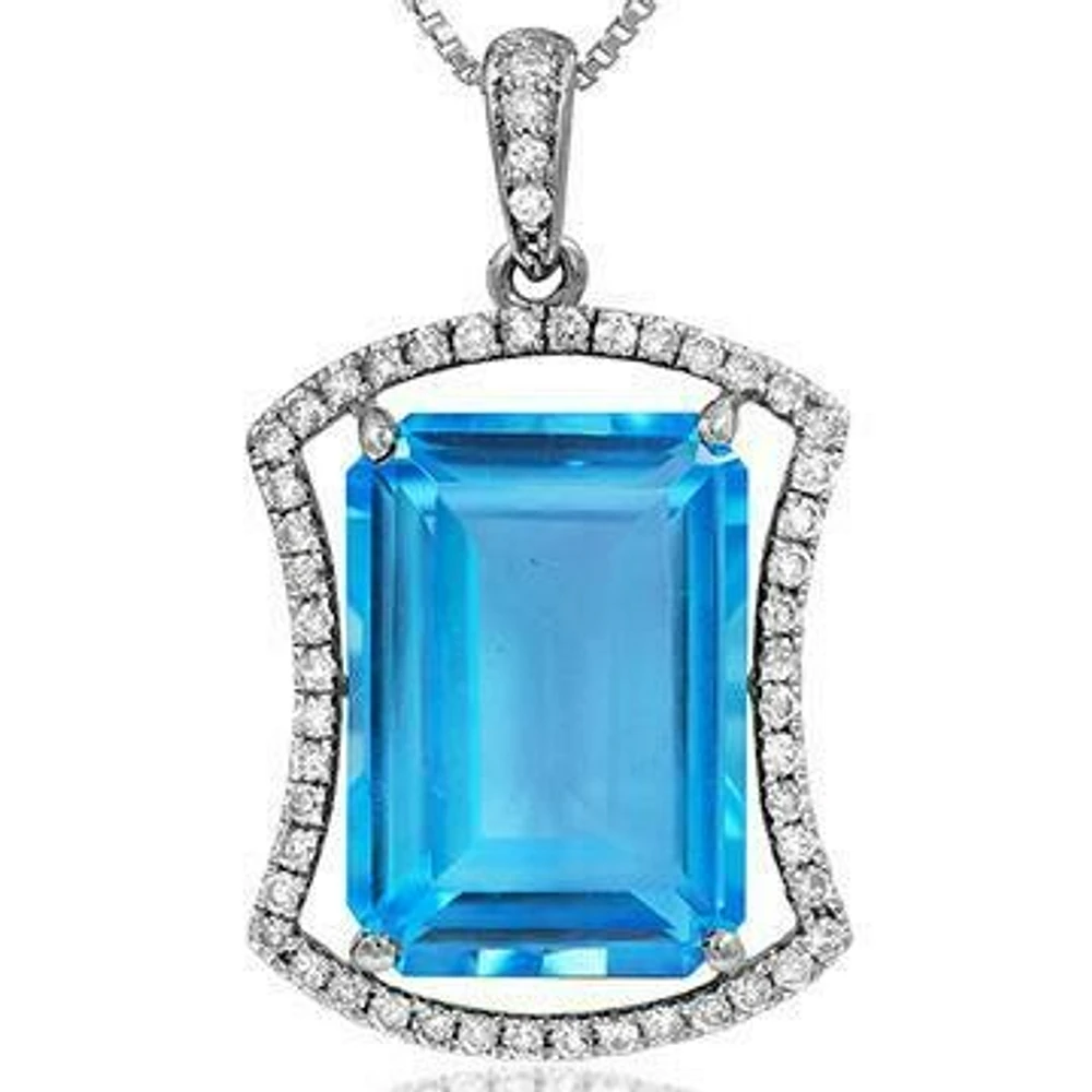 Premium Emerald Cut Blue Topaz Pendant with Diamond Frame 14KT White Gold