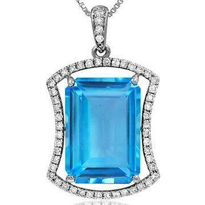 Premium Emerald Cut Blue Topaz Pendant with Diamond Frame 14KT White Gold