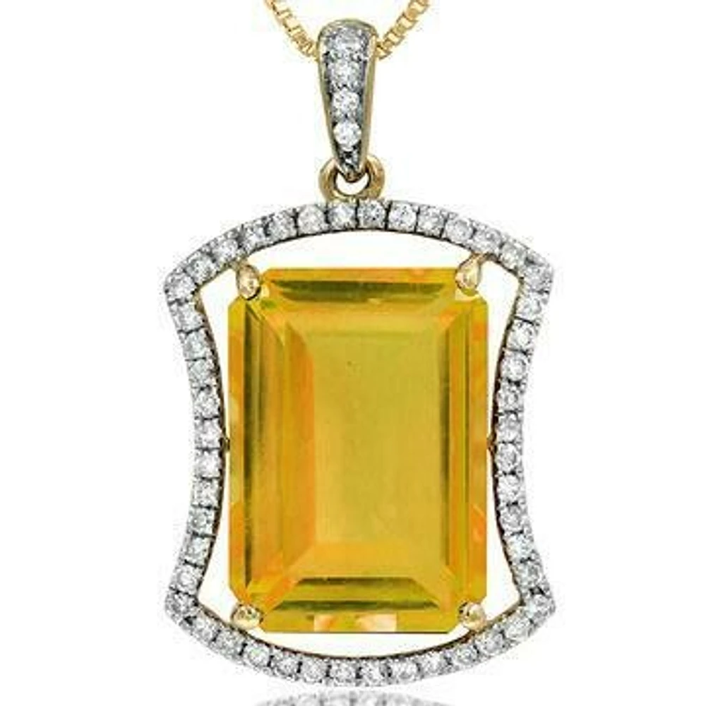 Premium Emerald Cut Citrine Pendant with Diamond Frame 14KT Yellow Gold