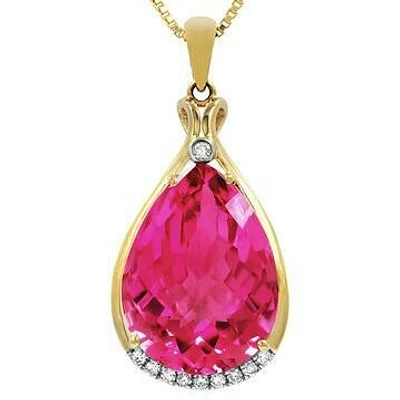 Premium Pink Topaz Teardrop Pendant with Diamond Accent 14KT Yellow Gold