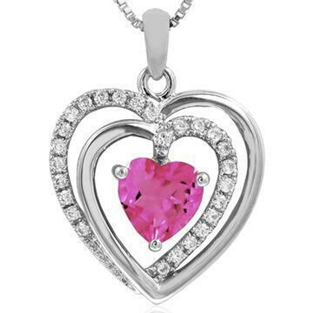 Double Heart Pink Topaz Pendant with Diamond Accent White Gold