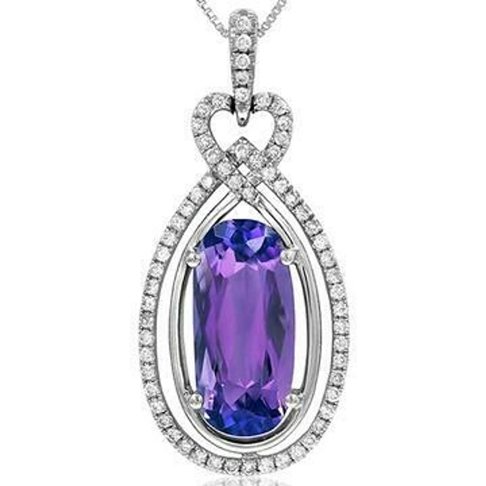 Premium Oval Amethyst Teardrop Pendant with Diamond Frame 14KT White Gold