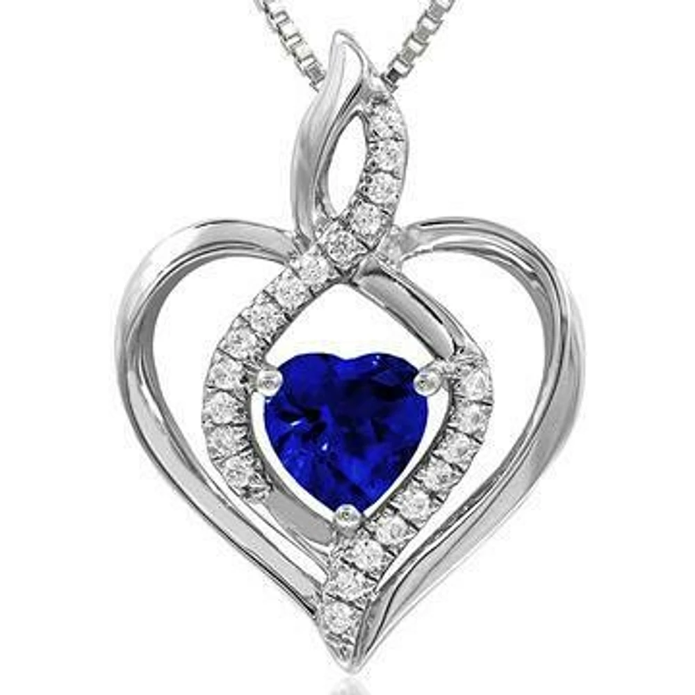 Infinity Heart Blue Sapphire Pendant with Diamond Accent 14KT White Gold