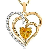 Double Heart Citrine Pendant with Diamond Accent 14KT Gold