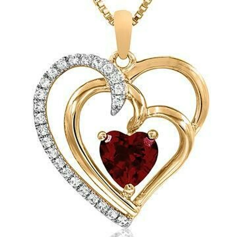 Double Heart Garnet Pendant with Diamond Accent 14KT Gold