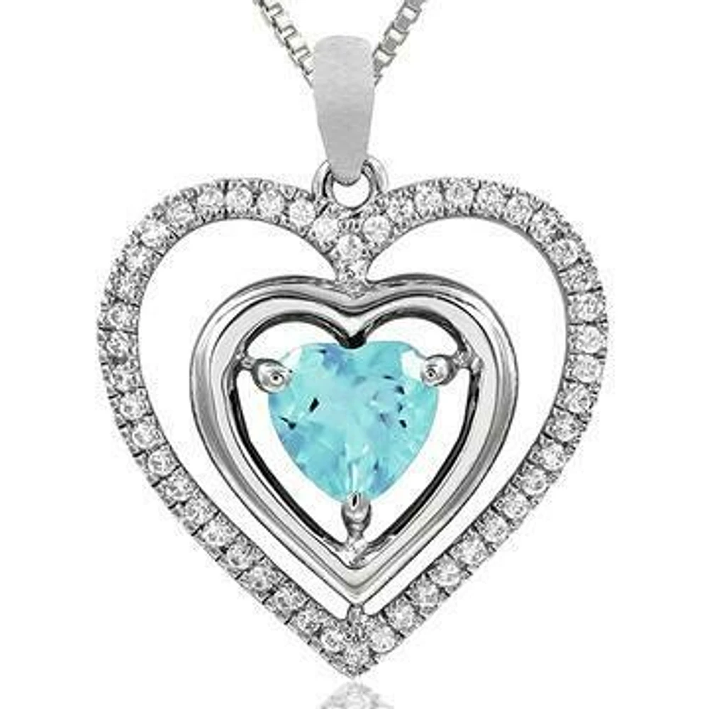 Double Heart Aquamarine Pendant with Diamond Frame 14KT Gold