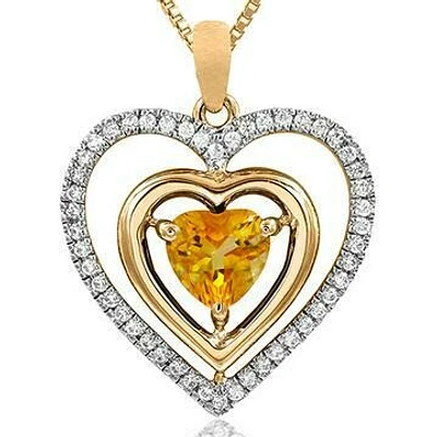 Double Heart Citrine Pendant with Diamond Frame 14KT Gold