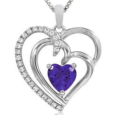 Double Heart Amethyst Pendant with Diamond Accent 14KT Gold