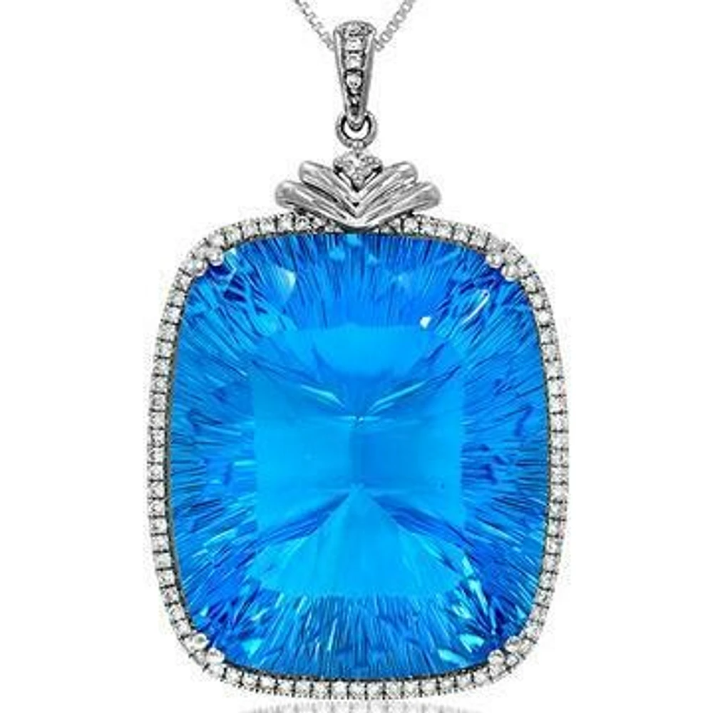 Premium Cushion Blue Topaz Pendant with Diamond Frame White Gold