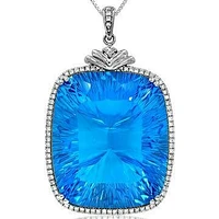 Premium Cushion Blue Topaz Pendant with Diamond Frame White Gold