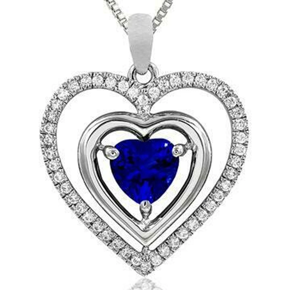 Double Heart Blue Sapphire Pendant with Diamond Frame 14KT Gold