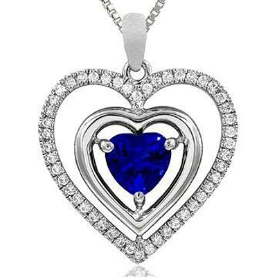 Double Heart Blue Sapphire Pendant with Diamond Frame 14KT Gold