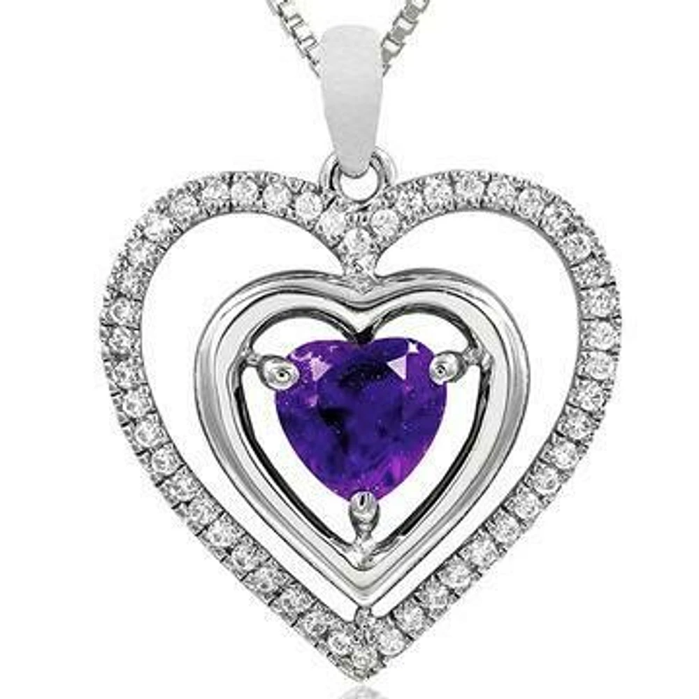 Double Heart Amethyst Pendant with Diamond Frame 14KT Gold