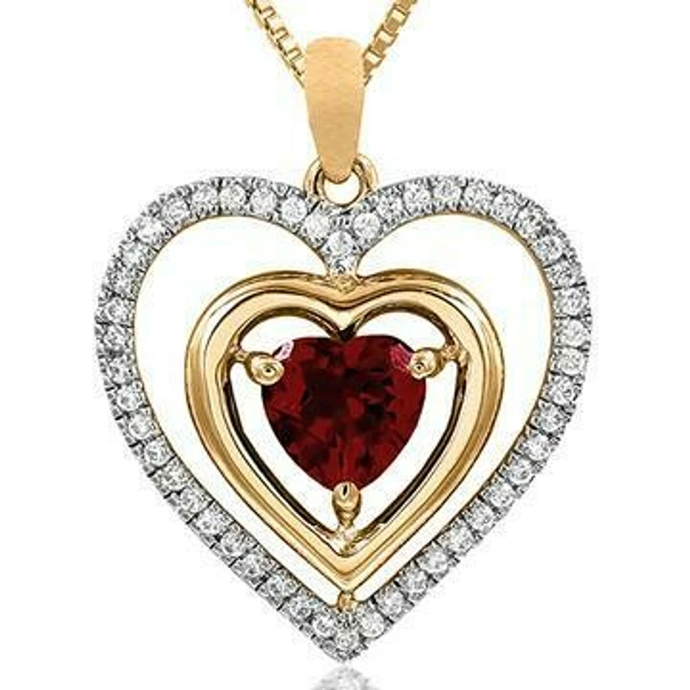 Double Heart Garnet Pendant with Diamond Frame 14KT Gold