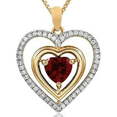 Double Heart Garnet Pendant with Diamond Frame 14KT Gold