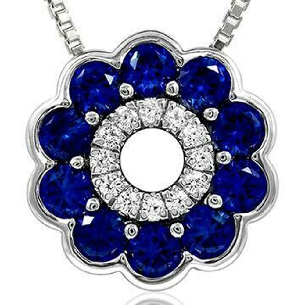 Floral Blue Sapphire Pendant with Diamond Accent White Gold