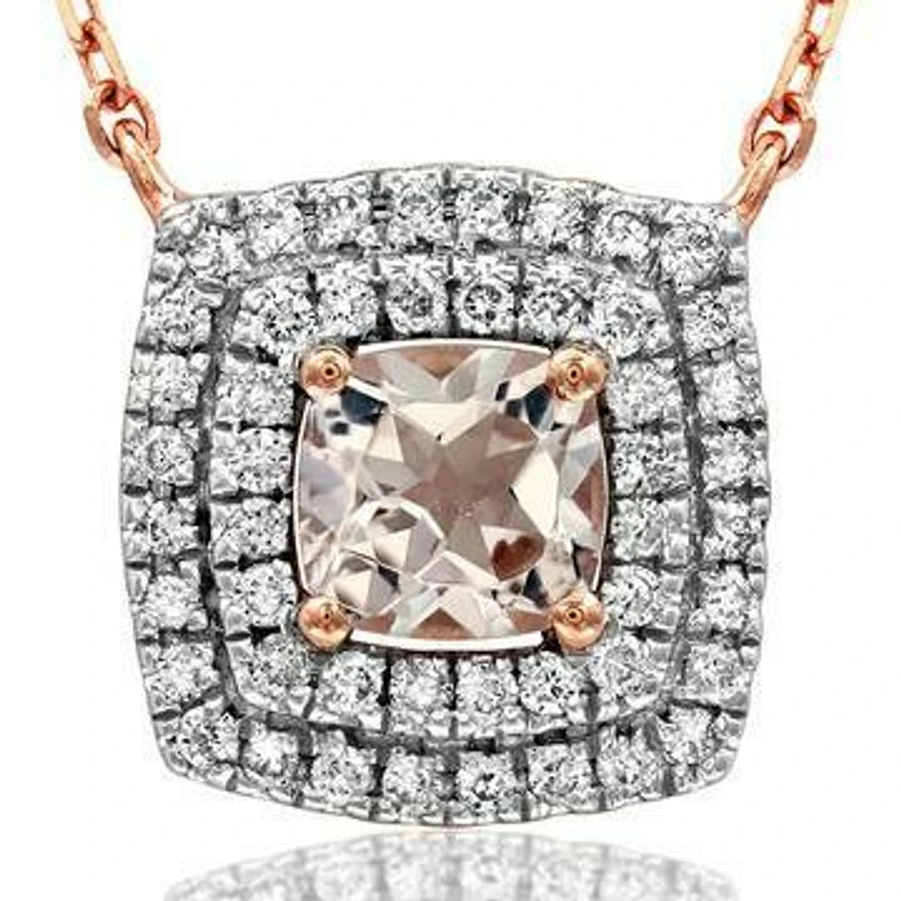 Cushion Morganite Necklace with Diamond Frame Rose Gold