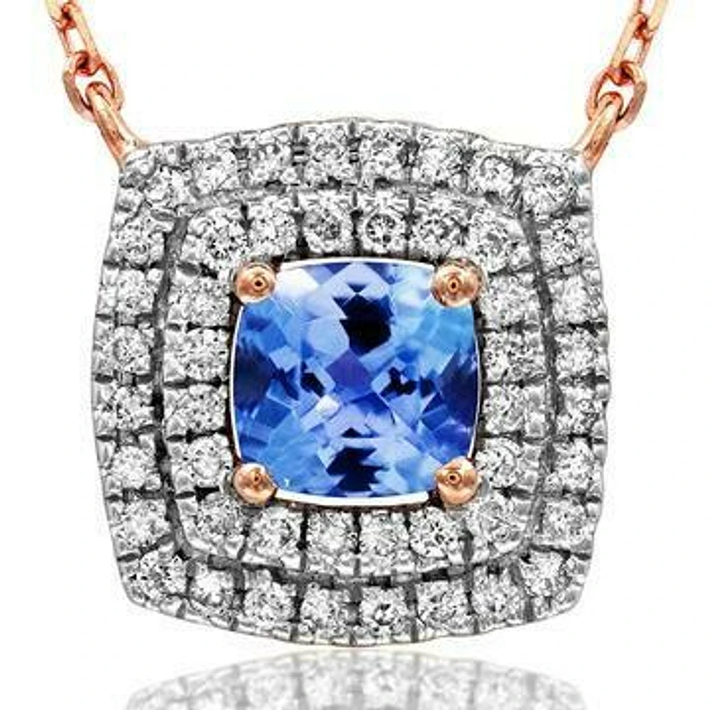 Cushion Tanzanite Necklace with Diamond Frame Rose Gold