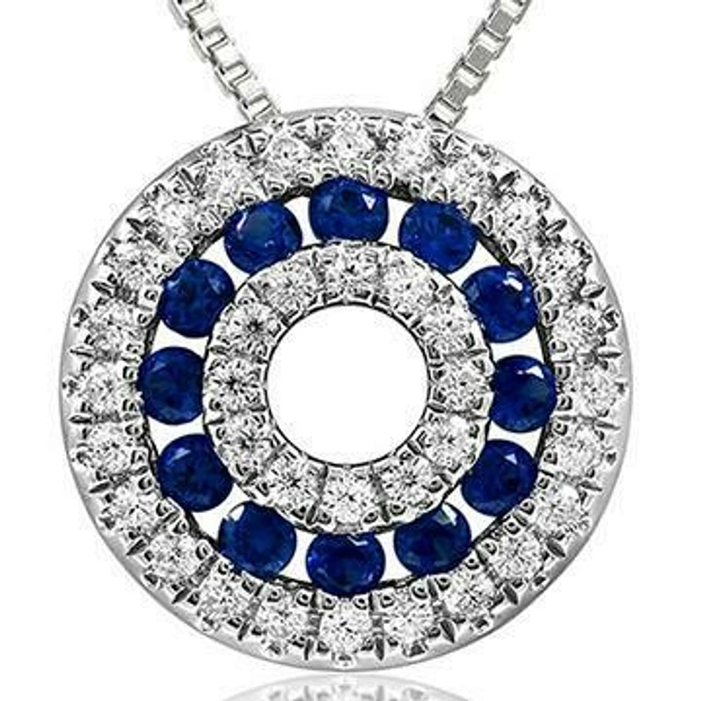 Blue Sapphire Disc Pendant with Diamond Accent White Gold