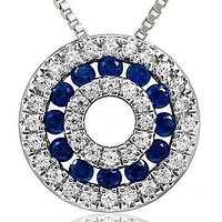 Blue Sapphire Disc Pendant with Diamond Accent White Gold