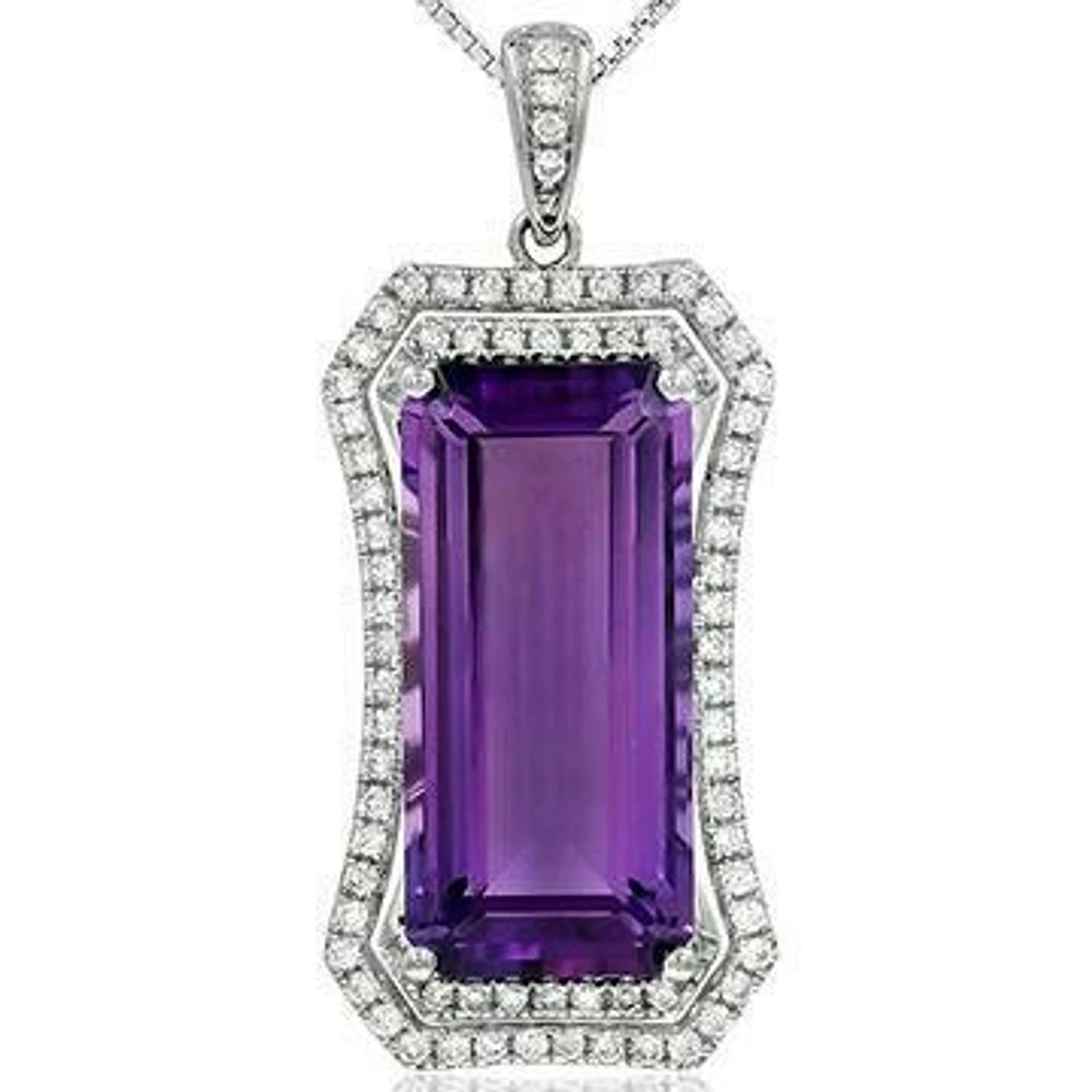 Premium Baguette Cut Amethyst Pendant with Diamond Frame White Gold