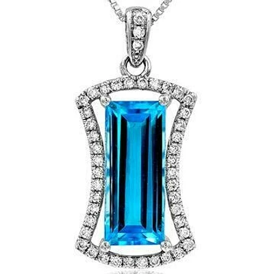 Premium Baguette Cut Blue Topaz Pendant with Diamond Frame White Gold