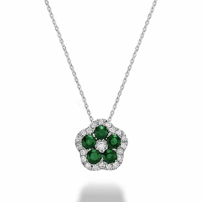 Hollow Flower Emerald & Diamond Pendant 0.17CTDI White Gold