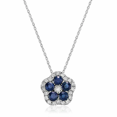 Hollow Flower Blue Sapphire & Diamond Pendant 0.17CTDI White Gold