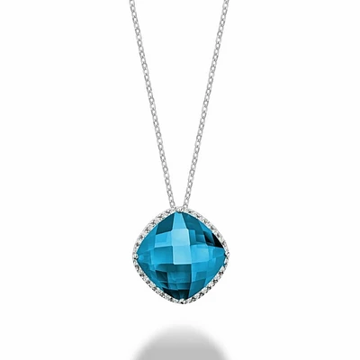 Cushion Cut Blue Topaz & Diamond Halo Pendant 0.20CTDI White Gold