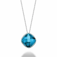 Cushion Cut Blue Topaz & Diamond Halo Pendant 0.20CTDI White Gold