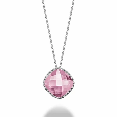 Cushion Cut Pink Quartz & Diamond Halo Pendant 0.20CTDI White Gold