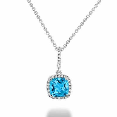 Cushion Cut Blue Topaz & Diamond Halo Pendant 0.10CTDI White Gold